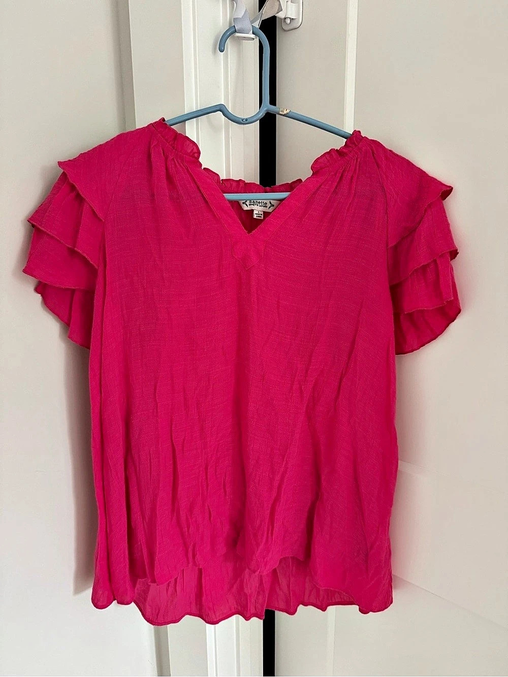 Nanette Lepore Tiered Ruffle Sleeve V-Neck Blouse Pink Large